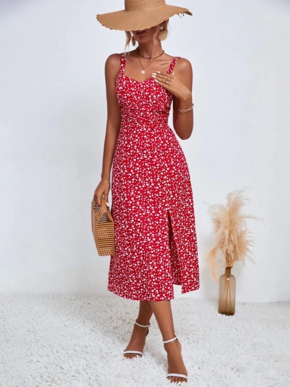 Shein High Split Ditsy Floral Cami Dress Red & White